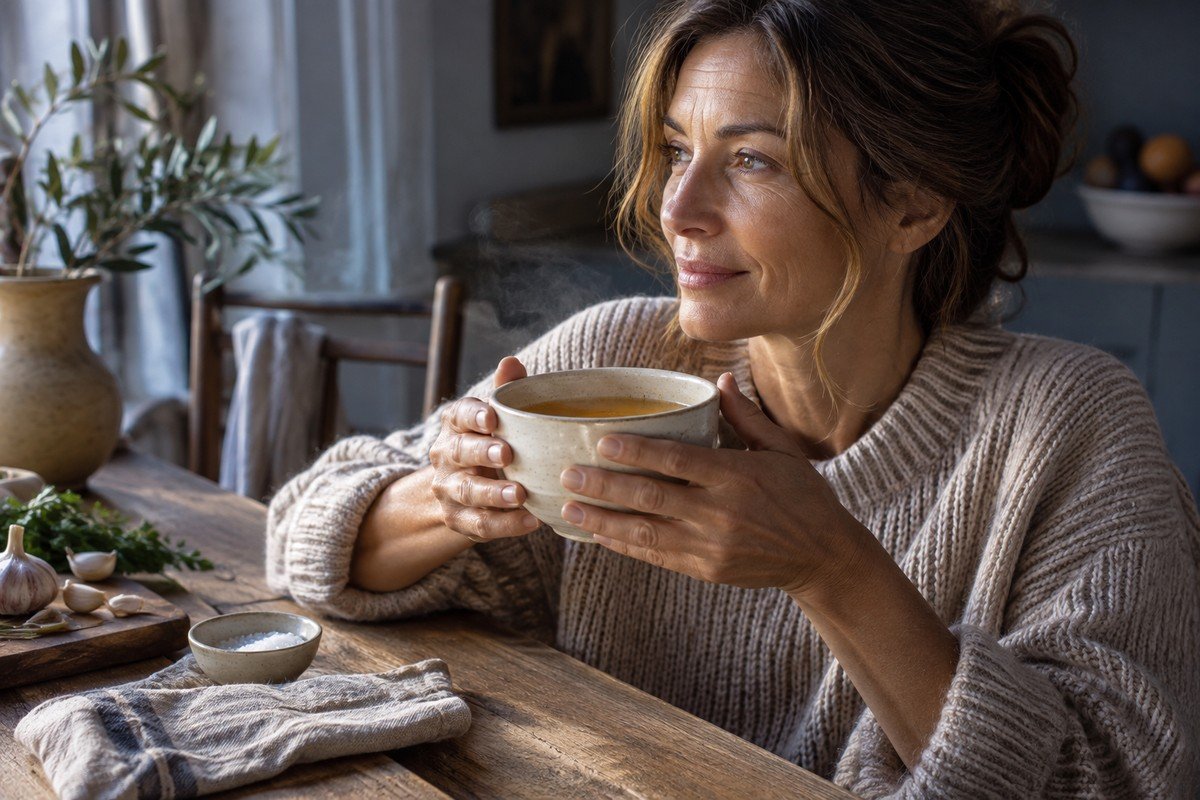 Brodo caldo in tazza di ceramica grezza