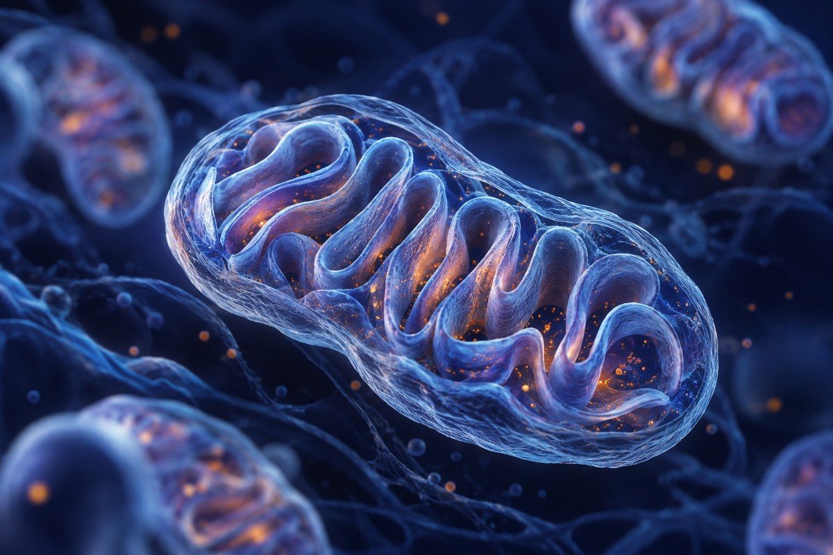 Illustrazione scientifica di mitocondri su fondo indaco