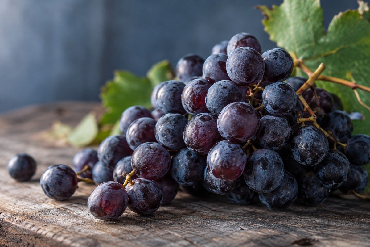 Grappolo d'uva rossa su superficie scura